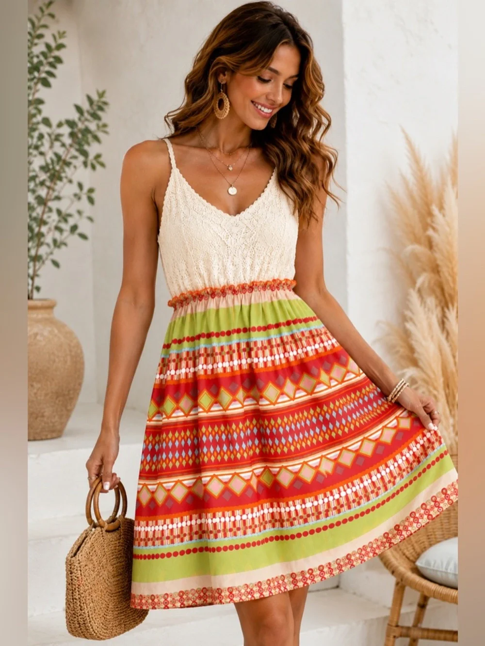 Boho Crochet Bodice Sundress || Smocked Waist | Colorful Geometric Print